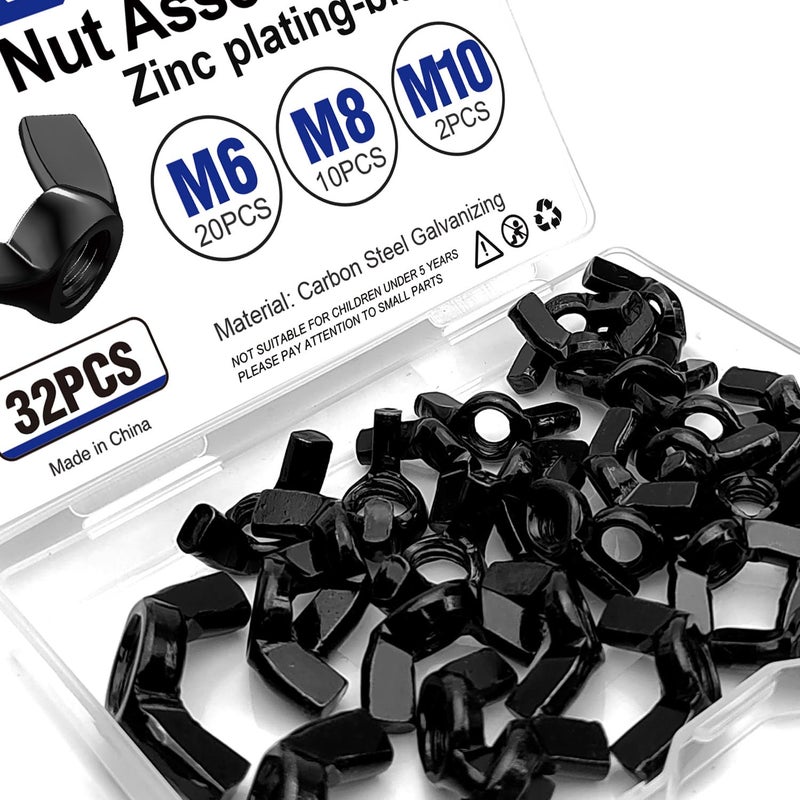 Usdrwam 32PCS 3 Size M6 M8 M10 Metric Wing Nuts Assorted kit, Zinc Plating-Black Wing Nuts Butterfly Fasteners, Hand Twist Tighten Ear Butterfly Nut Kitfor Easy Assembly and Secure Fit Furniture - Image 1